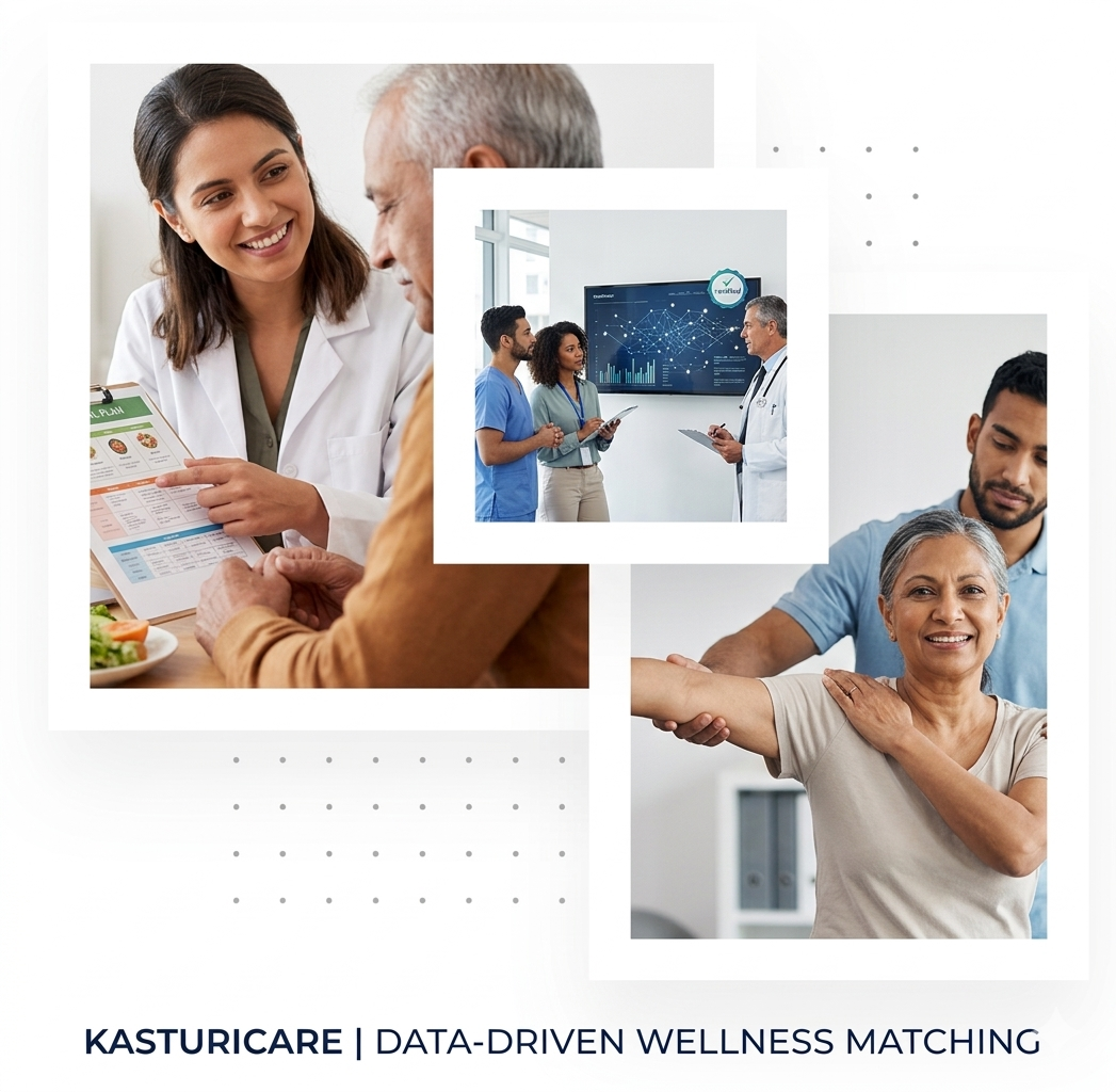 A sophisticated, floating collage of three interconnected images showing wellness specialists in Nagpur consulting with patients, symbolizing Kasturicare's verified, data-driven matching process.